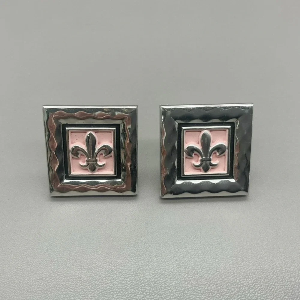 Hickok Cufflinks Vintage Fleur De Lis Pink Enamel Silver Tone Square Men's